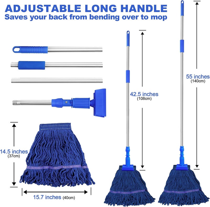 NEWE Commercial Mop for Floor Cleaning, Heavy Duty Industrial Mops with 55 inches Long Handle, Looped-End Wet Dry String Mop for Hardwood Tile Concrete Home Kitchen Office Garage (Blue) - Image 2